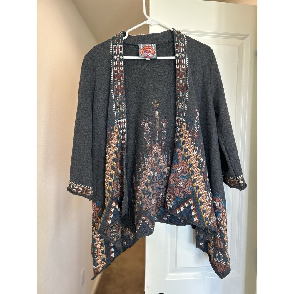 Johnny Was Women’s Grey Cardigan with Floral and Geometric Embroidery Size S